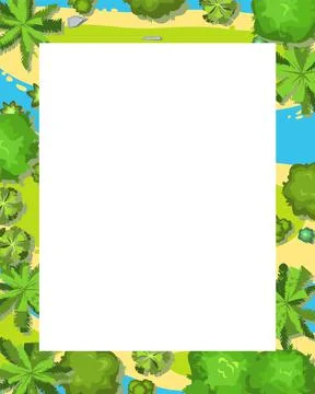 Glade in the forest. Frame with place for text. Trees and shrubs. River. View Stock Illustration