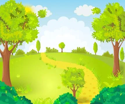 Glade in the middle of the park with the footpath Stock Illustration
