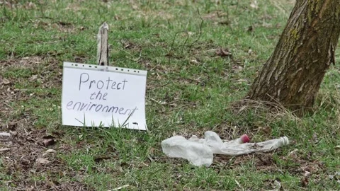 Glade with old plastic bottles, the concept of taking care of the purity of Stock Footage 236191063