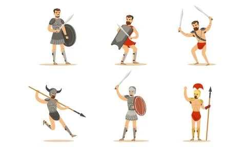 Gladiator The Armed Combatant Of Roman Empire Vector Illustration Set Isolated Stock Illustration