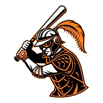 Gladiator batter in armor with orange and black feathers on helmet holding .. Illustrazione stock