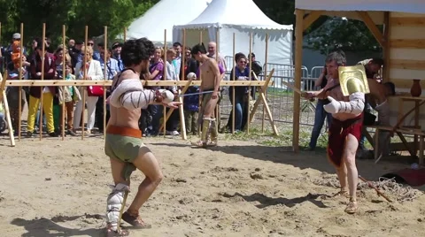 Gladiator fights in Ancient Rome on historical reconstruction in Moscow Stock Footage 51923816