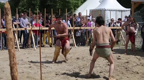 Gladiator fights in Ancient Rome - reconstruction festival in Moscow Stock Footage 61092281