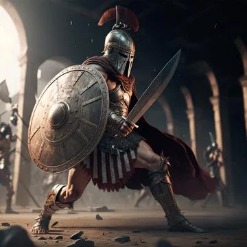 Gladiator in a helmet with a sword and shield Stock Illustration