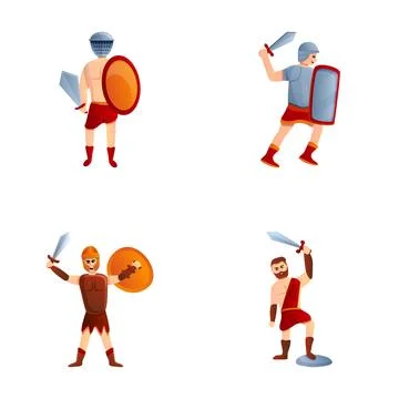 Gladiator icons set cartoon vector. Roman soldier in armor and weapon Stock Illustration