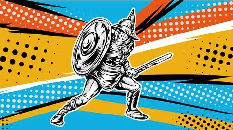 Gladiator on pop art background. vector illustration Ilustração Stock