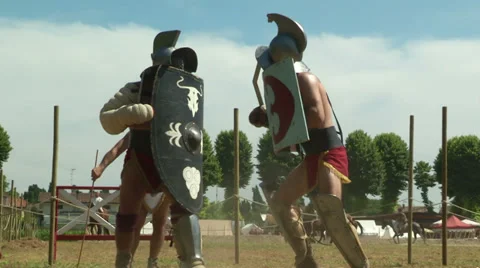 Gladiator training Thraex Murmillo 02 Stock Footage 32261799