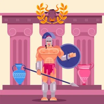 Gladiator warrior fighter in armor with shield vector illustration flat. Greek Stock Illustration