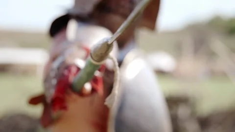 Gladiator Warrior in Helmet and Armor Fighting with Sword and Shield Stock Footage 322089422