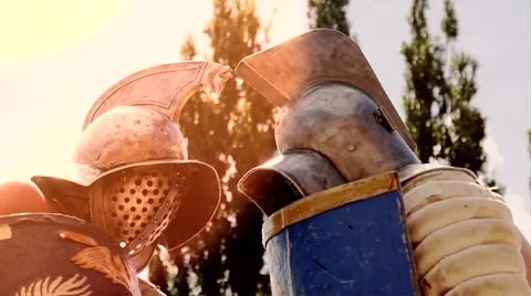 Gladiator warriors fighting against each other. Shot in slow motion on red Epic. Stock Footage 41816192