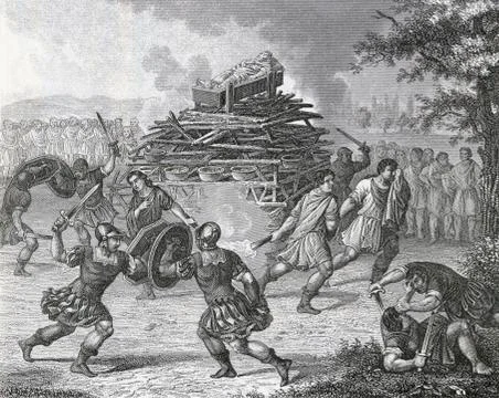 Gladiators Fighting During Funeral Games In Ancient Rome. From A 19Th Century Stock Photos