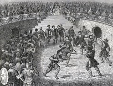 Gladiators Fighting In The Ring In Ancient Rome. From A 19Th Century Engravin Stock Photos