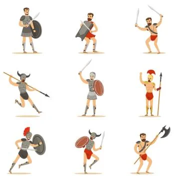 Gladiators Of Roman Empire Era In Historical Armor With Swords And Other Weapons Stock Illustration