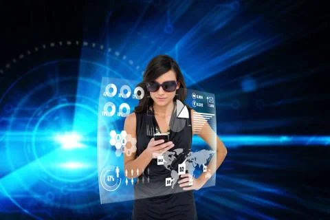 Glamorous brunette using smartphone with interface Stockillustratie