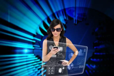Glamorous brunette using smartphone with interface Stock Illustration