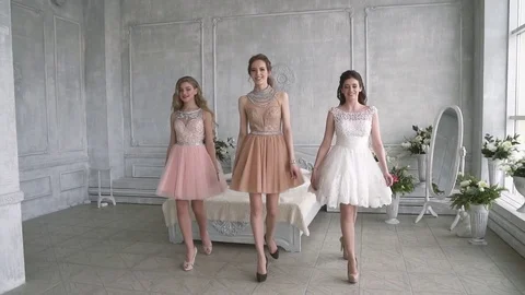 Glamorous girls are going to a party. Portrait Beautiful girlfriends Stock Footage