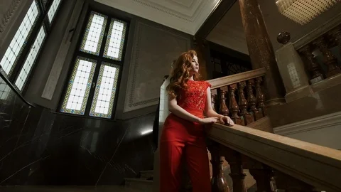 Glamorous Models Coming Down The Stairs. Stock-Footage 103285782