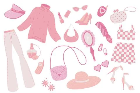 Glamorous pink barbiecore set. Different elements on white background - bag.. Stock Illustration