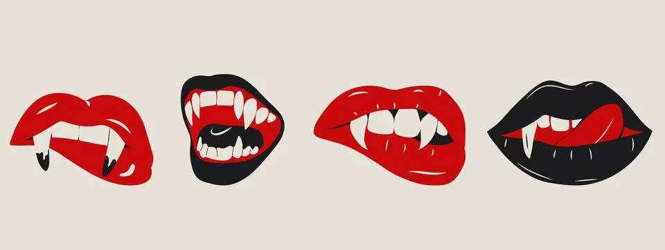 Glamorous set of vampire lips featuring blood red color and sharp fangs Stock-Illustration
