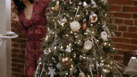 Glamorous woman is decorating the tree Stock Footage 85882053