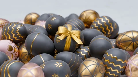 Glamour Easter eggs with golden decorative patterns and ribbon. Happy Easter. Stock Footage 158248675