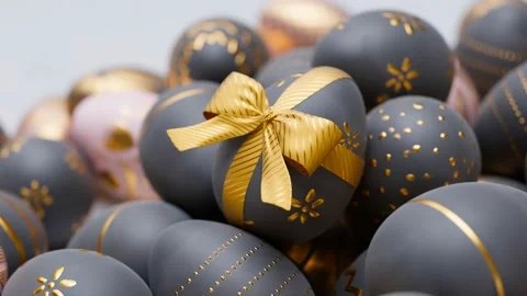 Glamour Easter eggs with golden decorative patterns and ribbon. Happy Easter. Stock Footage 158248716