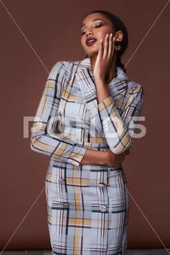 Glamour fashion woman long brunette hair natural evening makeup wear sexy ski Stock Photos