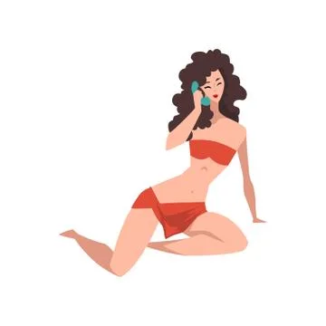 Glamour pin-up model posing while sitting and speaking on vintage telephone Stock Illustration