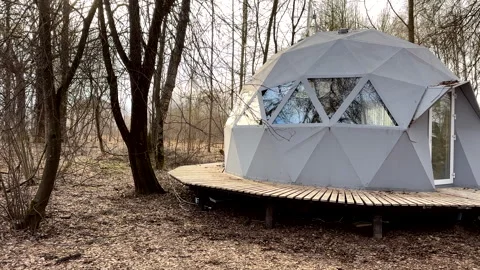 Glamping Domes in campsite in forest. Geodesic Dome House. Stock Footage 268749036