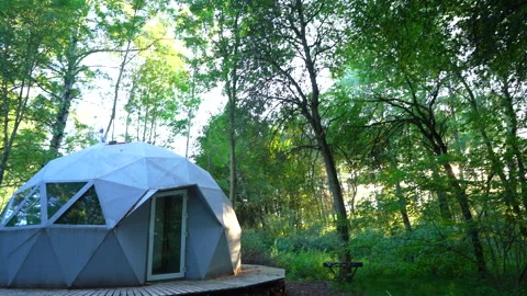 Glamping Domes in campsite in forest. Geodesic Dome House. Stock Footage 282306025