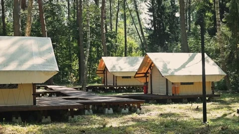 Glamping in the forest. A tent camp with open-air cabins on a summer day Stock Footage 345029507