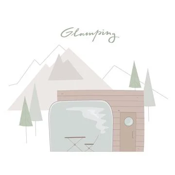 Glamping house with panoramic window around wild nature, mountains, pine forest Stock Illustration