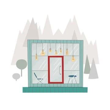 Glamping house with panoramic window around wild nature, high mountains, pine Stock Illustration