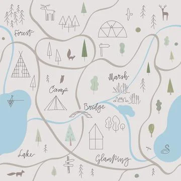 Glamping map seamless pattern. Forest landscape, signposts, animals, tents Stock Illustration
