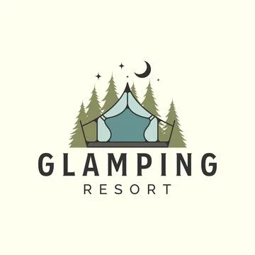 Glamping in night with vintage vector logo template illustration design, camp Stock Illustration