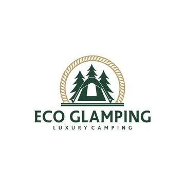 Glamping Recreation Logo Vector Template. Comfortable Outdoor Tent with Pin.. Stock Illustration