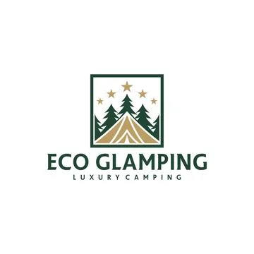Glamping Recreation Logo Vector Template. Comfortable Outdoor Tent with Pin.. Stock Illustration