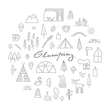 Glamping set at round frame, template. Line illustrations with tree, pine Stock Illustration