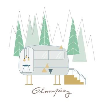 Glamping trailer, caravan around pine forest for outdoor relax. Cute vector Stock Illustration