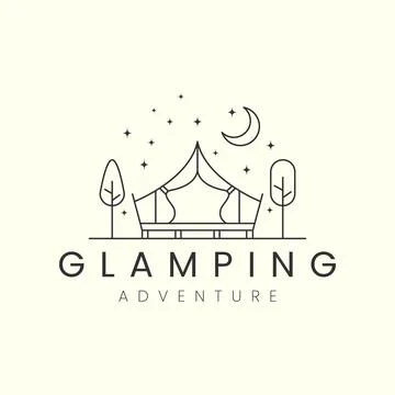 Glamping with tree line art vector logo template illustration design, camping Stock Illustration