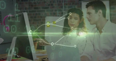Glancing at screen, woman pointing at node while network animation reconfiguring Stock Footage 313677196