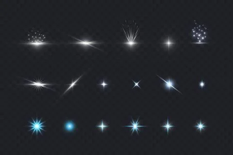Glare glowing particles light rays set on transparent background. Vector shiny Stock Illustration