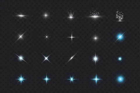 Glare glowing particles light rays set on transparent background. Vector shiny Stock Illustration