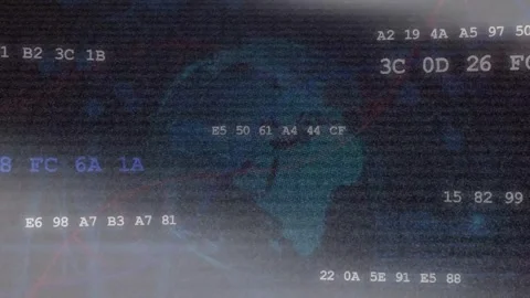 Glare sweep starting cyan globe rotating inward while code lines shifting Stock Footage 335465841