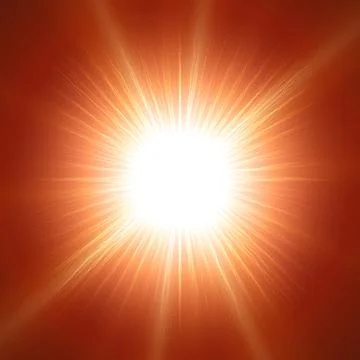 Glaring sun with lens over red background. Realistic vector sun illustration. Stock Illustration