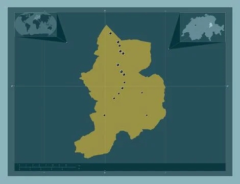Glarus, Switzerland. Solid color shape. Locations of major cities of the regi Stock Illustration