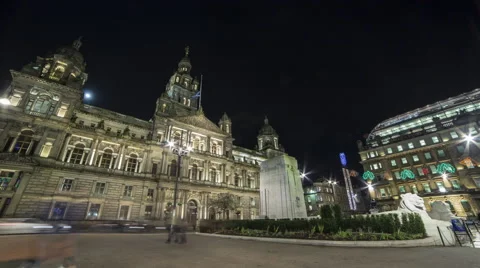 Glasgow Architecture at Night with Moon Stock Footage 62901142