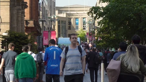 Glasgow City Center and Pedestrians Walking in Summer Stock Footage