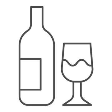 Glass and bottle thin line icon. Wine bottle and wineglass outline style Stock Illustration