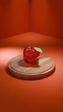 Glass apple on board in vertical studio render with red wall Stock Illustration